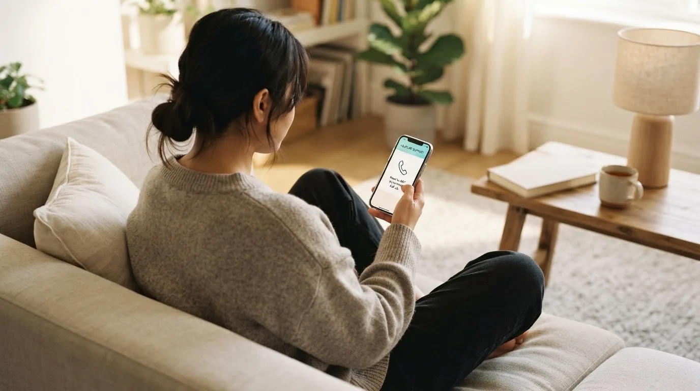 A person sitting calmly with a phone open to a support helpline page, no gaming screen visible.