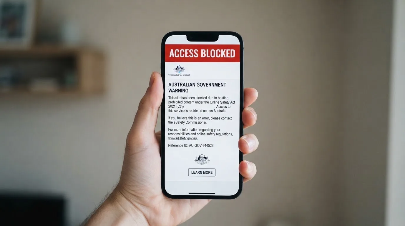 A smartphone screen showing a plain government warning notice about a blocked website, held against a blurred background.