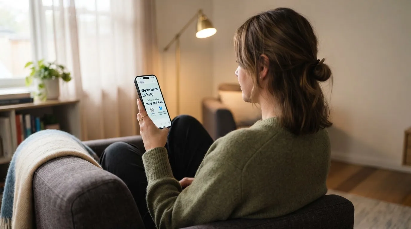 A person sitting calmly with a phone open to a support helpline page, no gaming screen visible.