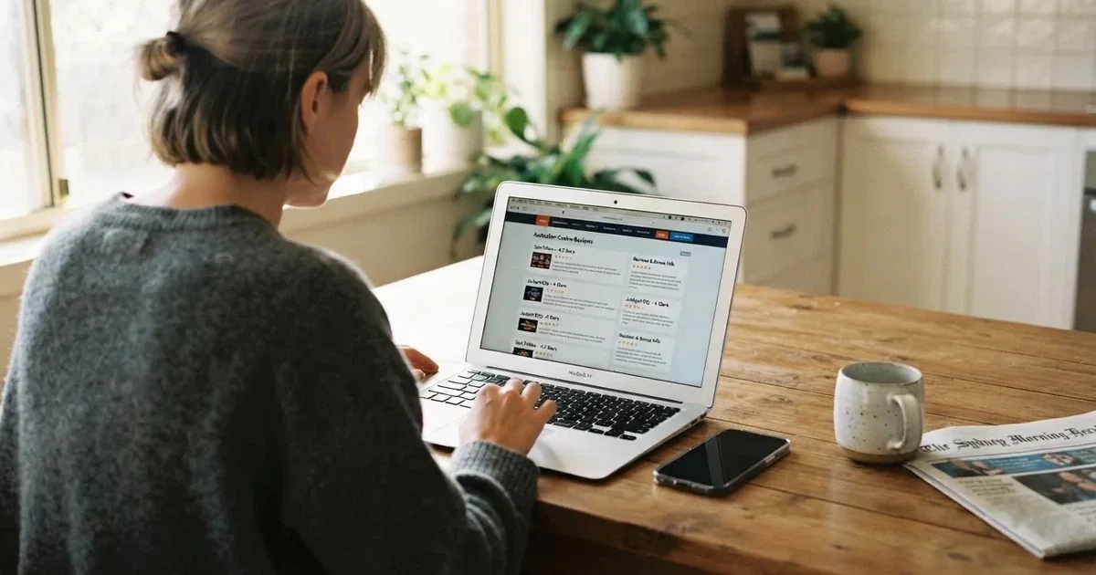 A person at a kitchen table scrolling through review pages on a laptop, phone face-down beside them.