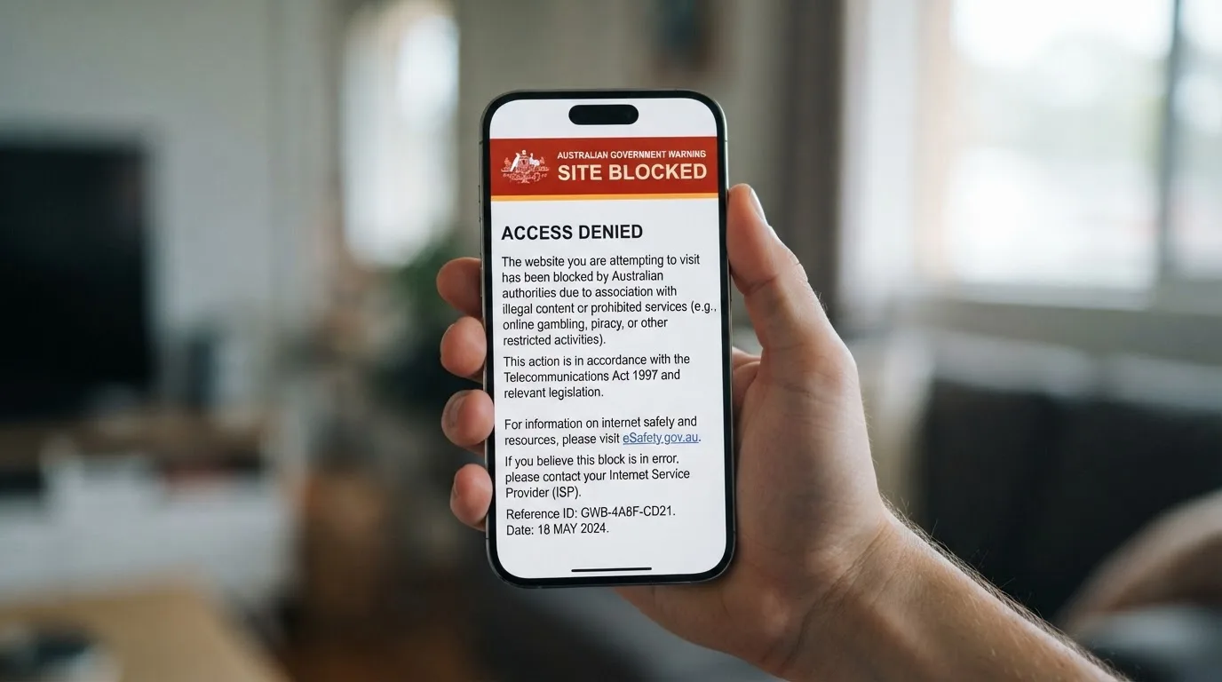 A smartphone screen showing a plain government warning notice about a blocked website, held against a blurred background.