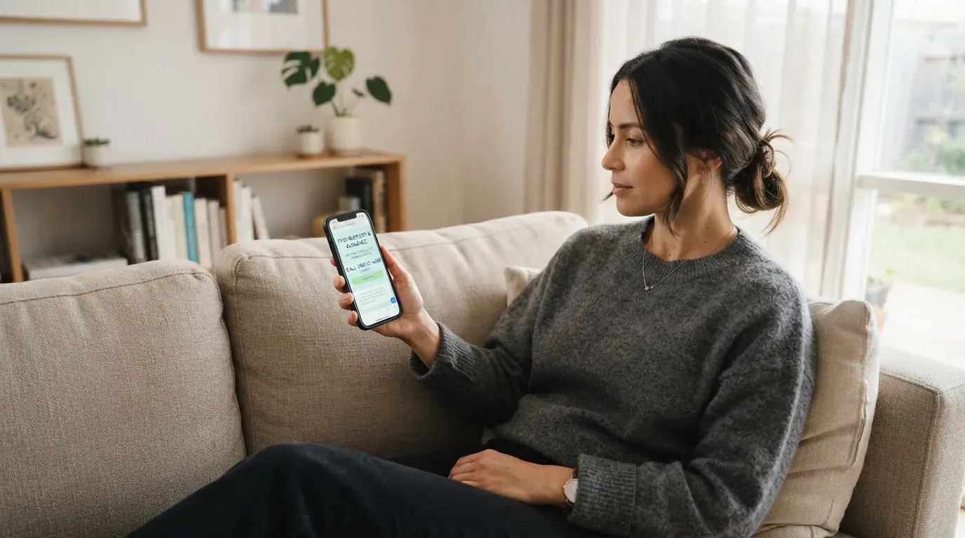 A person sitting calmly with a phone open to a support helpline page, no gaming screen visible.