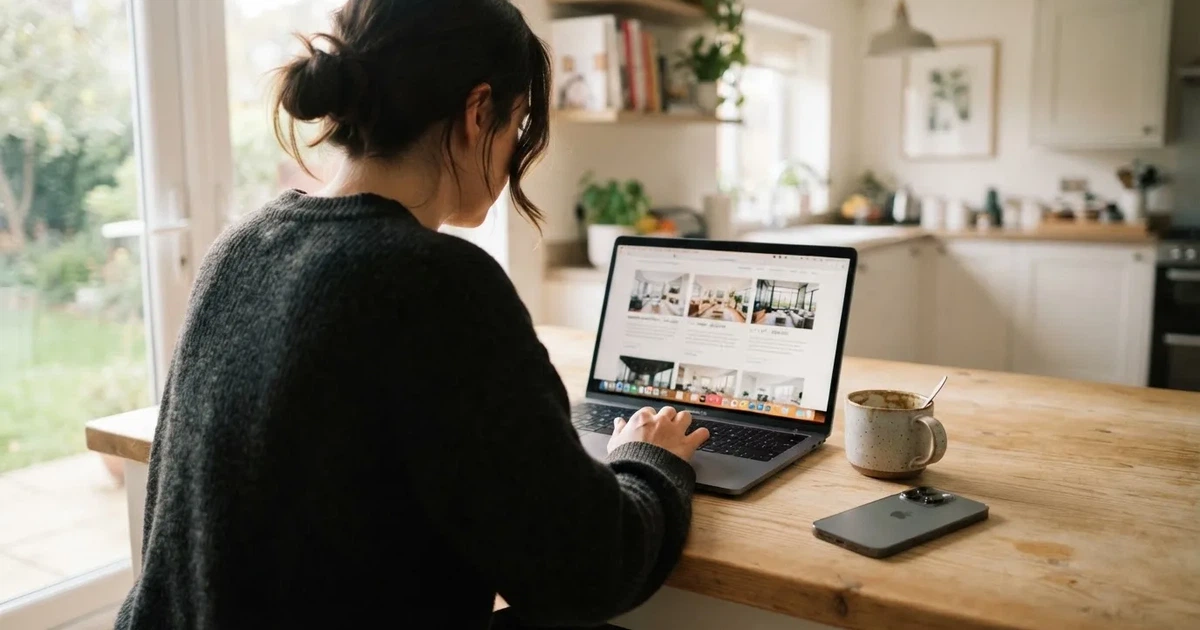 A person at a kitchen table scrolling through review pages on a laptop, phone face-down beside them.