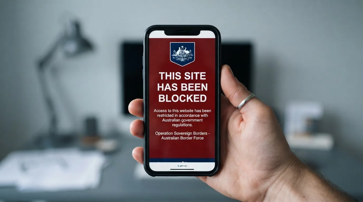 A smartphone screen showing a plain government warning notice about a blocked website, held against a blurred background.