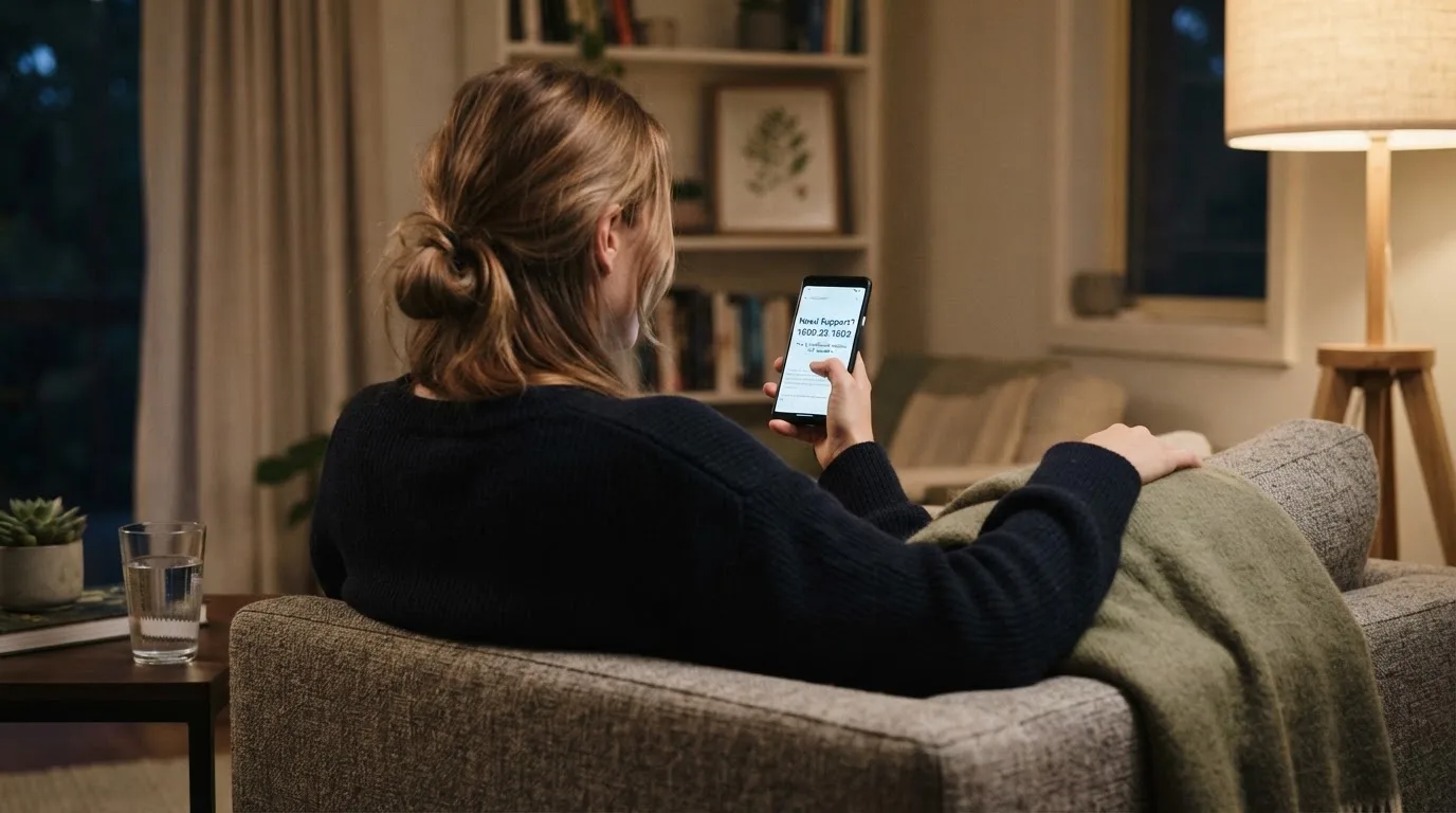 A person sitting calmly with a phone open to a support helpline page, no gaming screen visible.