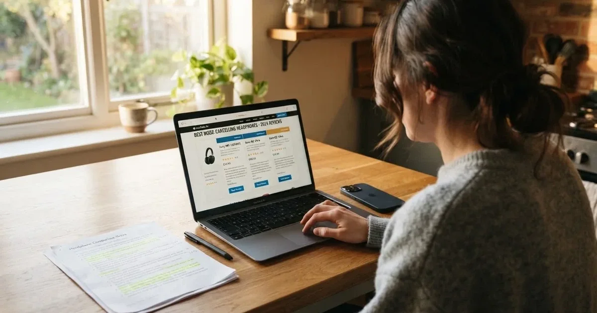 A person at a kitchen table scrolling through review pages on a laptop, phone face-down beside them.