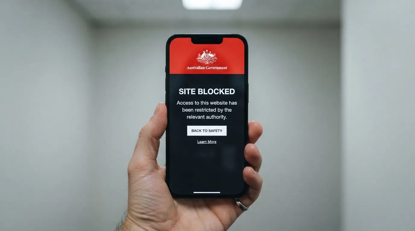 A smartphone screen showing a plain government warning notice about a blocked website, held against a blurred background.
