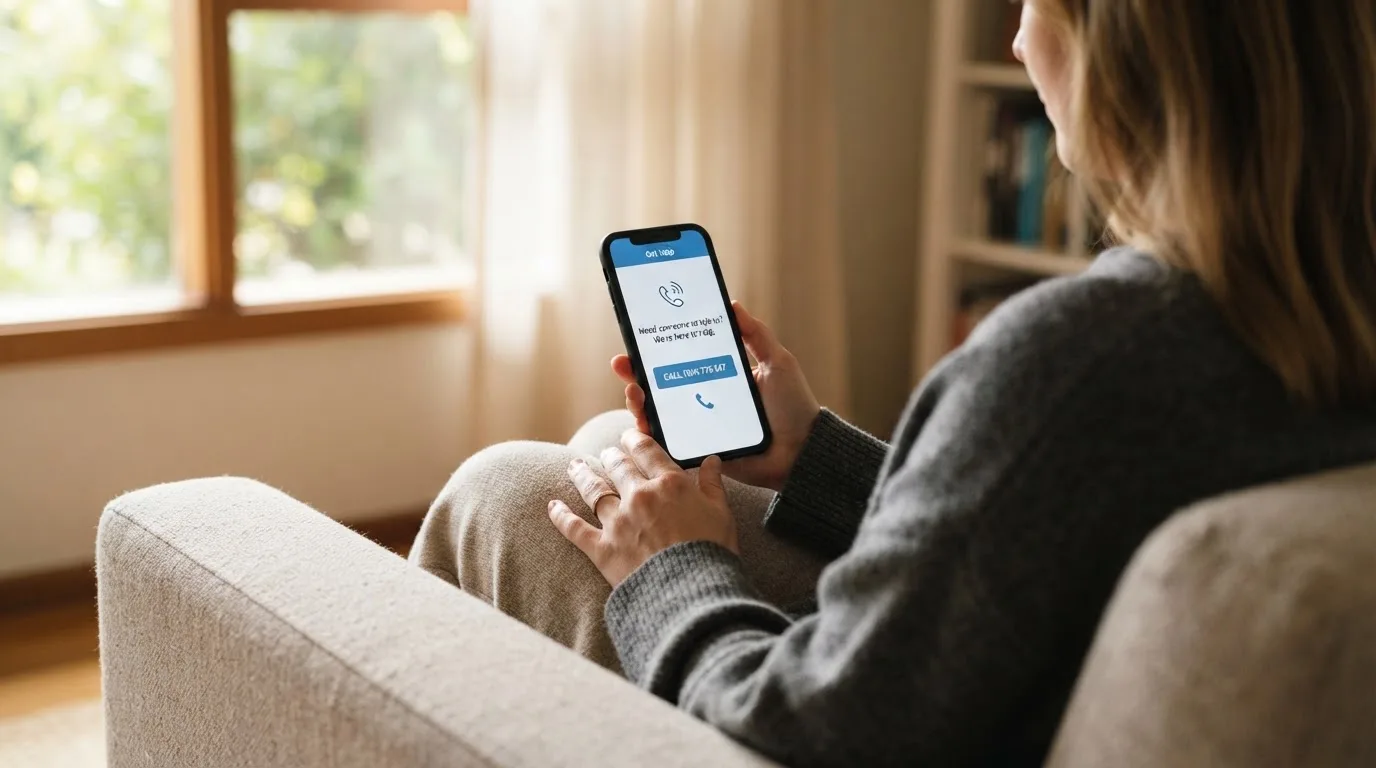 A person sitting calmly with a phone open to a support helpline page, no gaming screen visible.