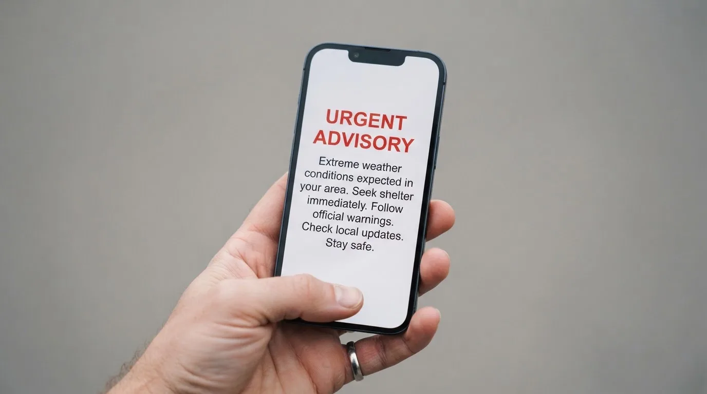 A smartphone screen showing a plain government warning notice about a blocked website, held against a blurred background.
