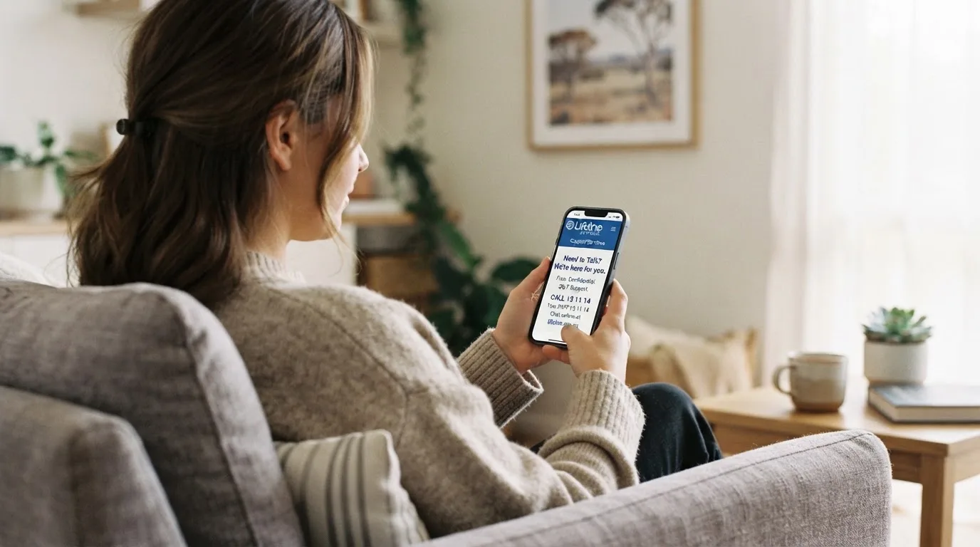 A person sitting calmly with a phone open to a support helpline page, no gaming screen visible.