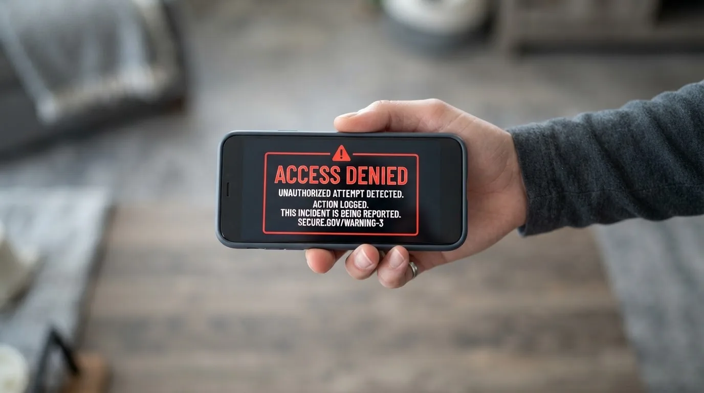 A smartphone screen showing a plain government warning notice about a blocked website, held against a blurred background.