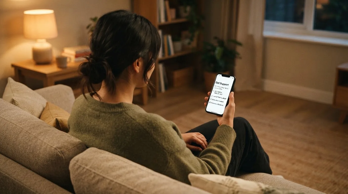 A person sitting calmly with a phone open to a support helpline page, no gaming screen visible.