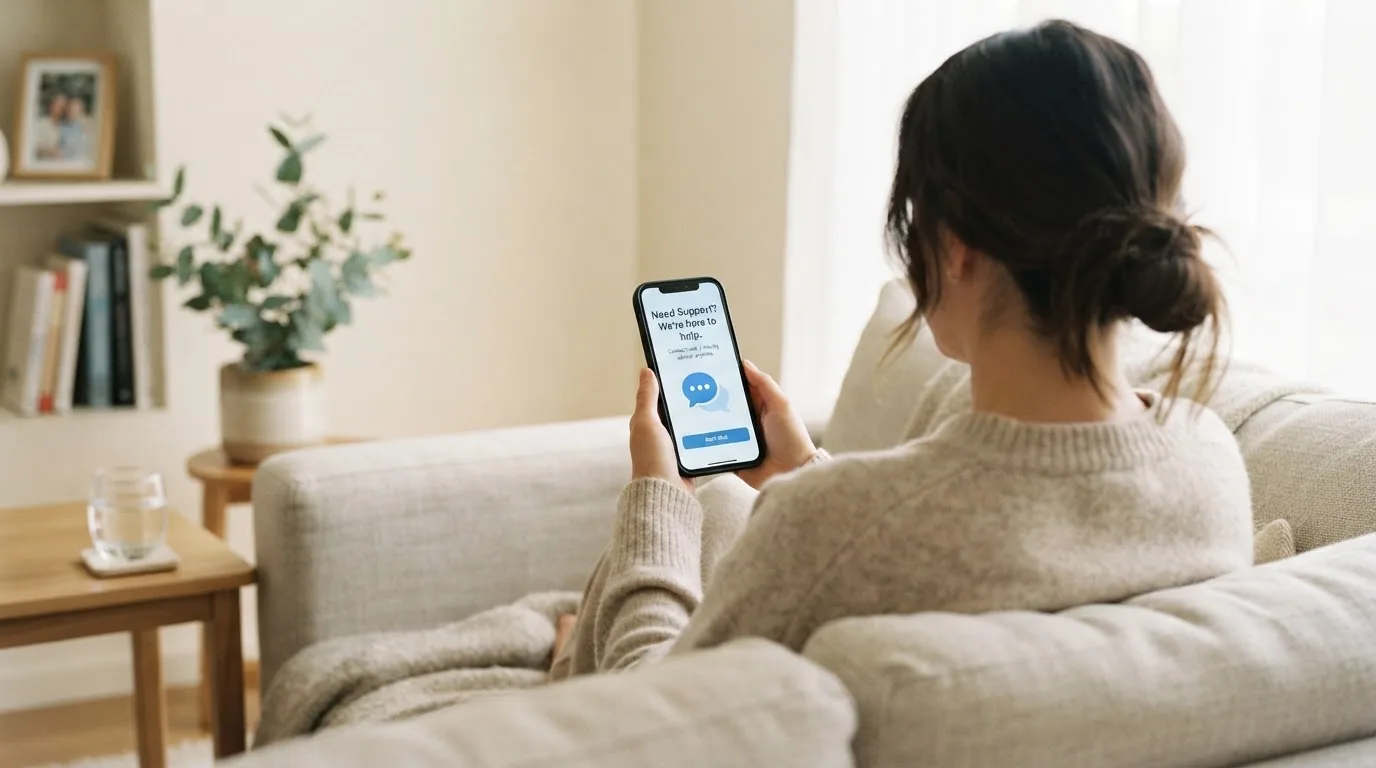 A person sitting calmly with a phone open to a support helpline page, no gaming screen visible.