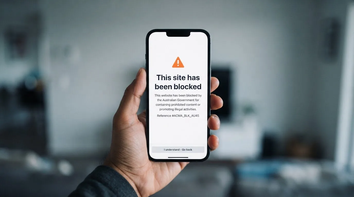 A smartphone screen showing a plain government warning notice about a blocked website, held against a blurred background.