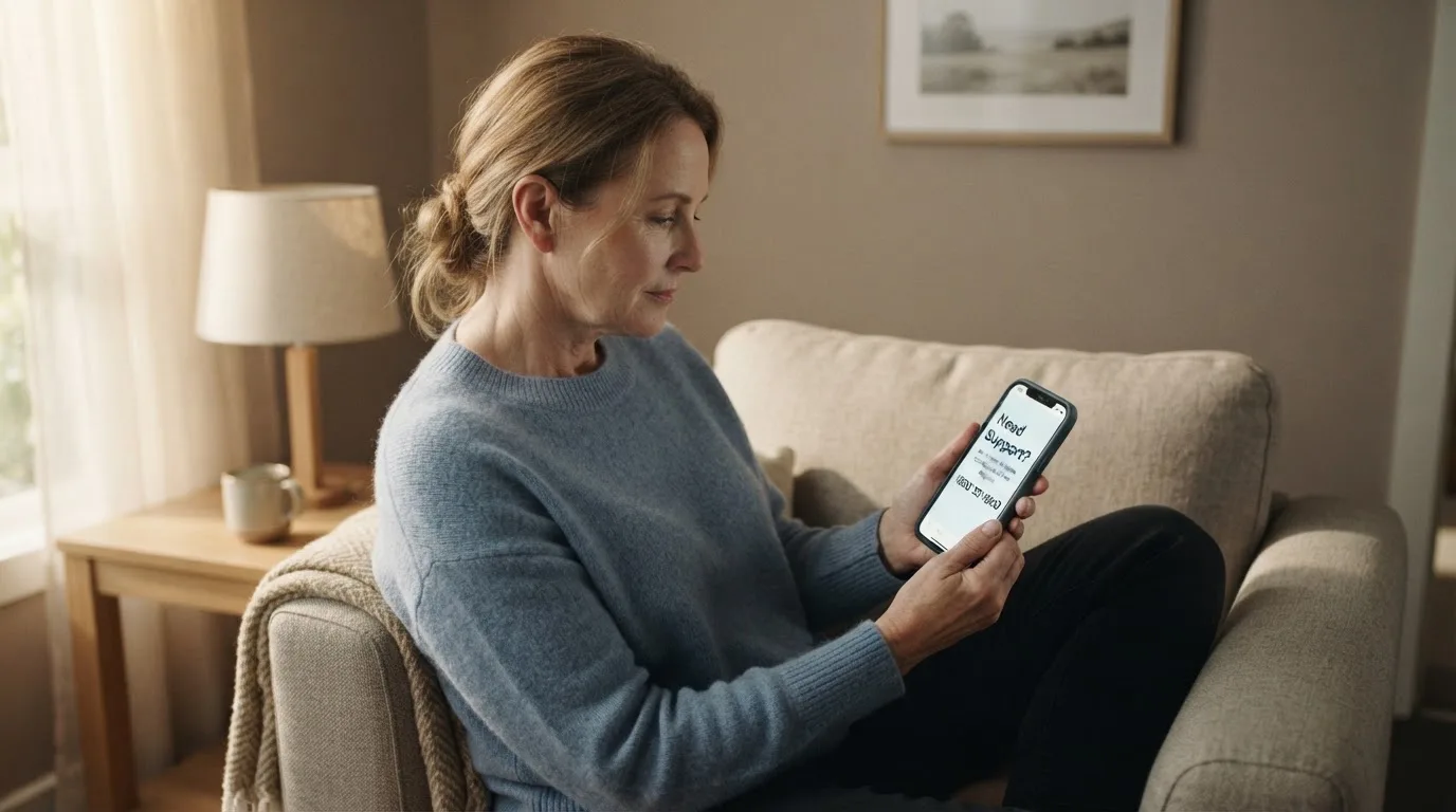 A person sitting calmly with a phone open to a support helpline page, no gaming screen visible.