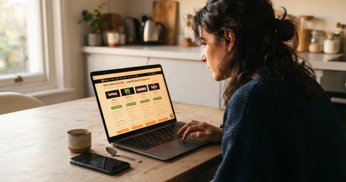 A person at a kitchen table scrolling through review pages on a laptop, phone face-down beside them.