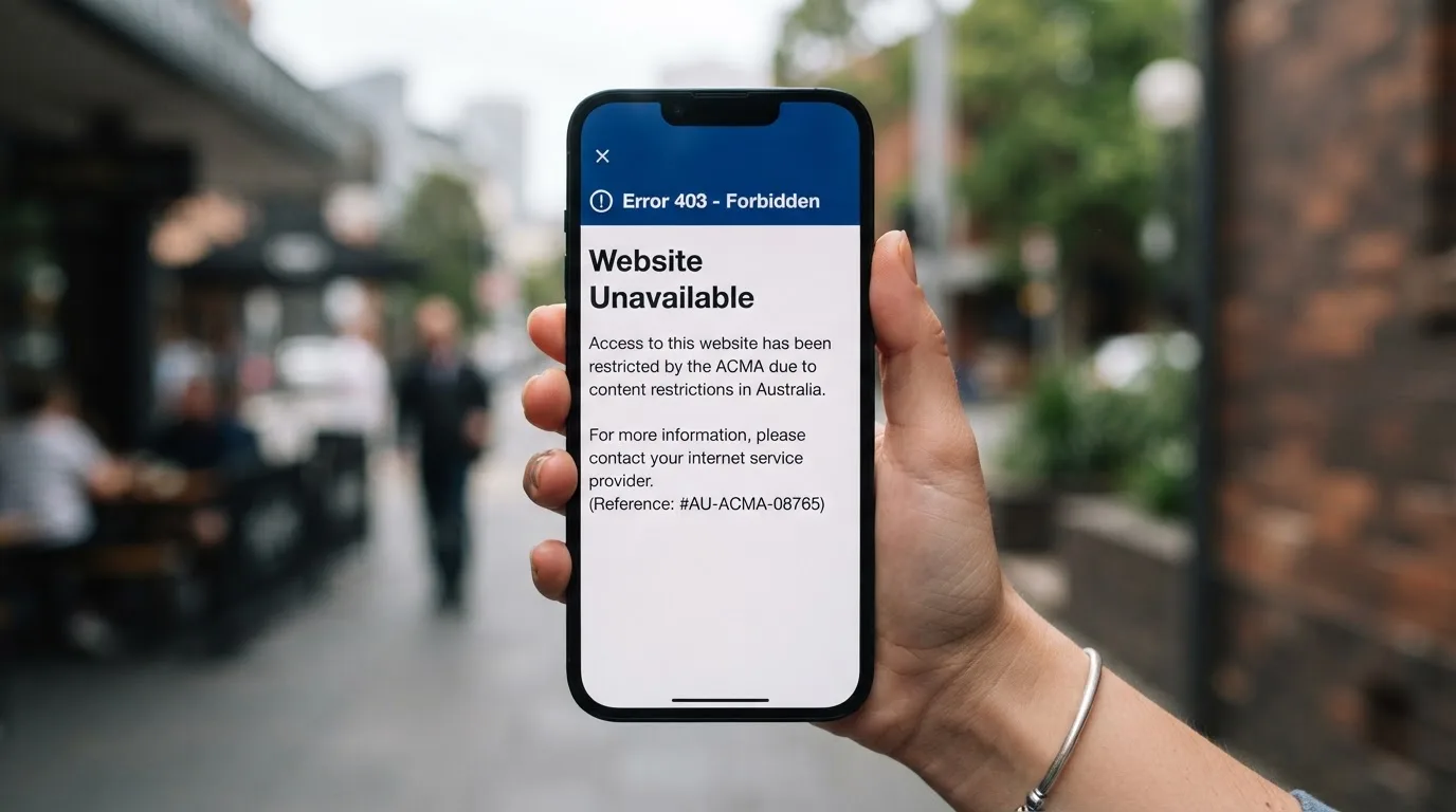 A smartphone screen showing a plain government warning notice about a blocked website, held against a blurred background.
