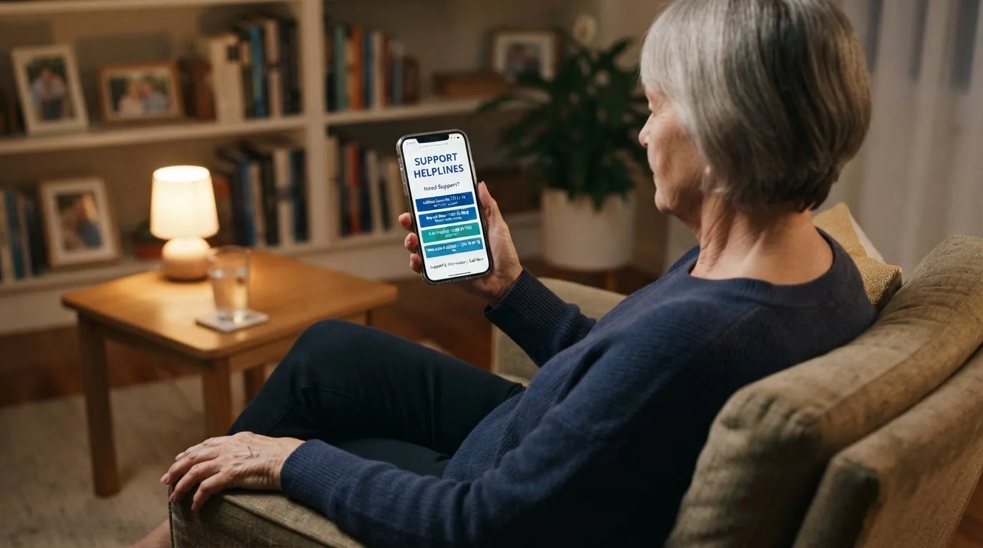 A person sitting calmly with a phone open to a support helpline page, no gaming screen visible.