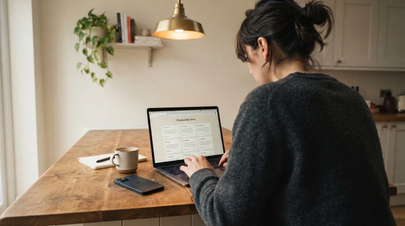 A person at a kitchen table scrolling through review pages on a laptop, phone face-down beside them.