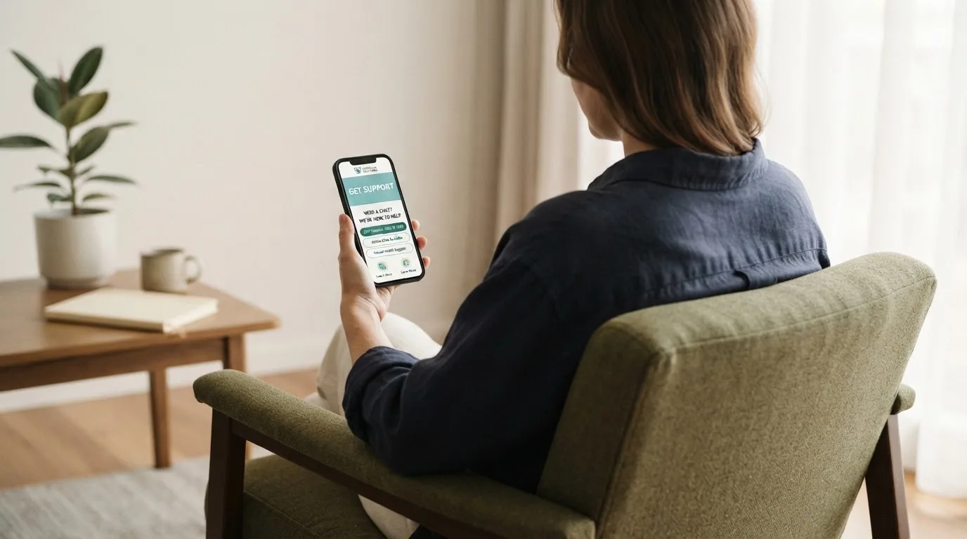 A person sitting calmly with a phone open to a support helpline page, no gaming screen visible.