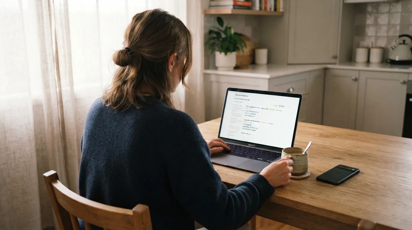 A person at a kitchen table scrolling through review pages on a laptop, phone face-down beside them.