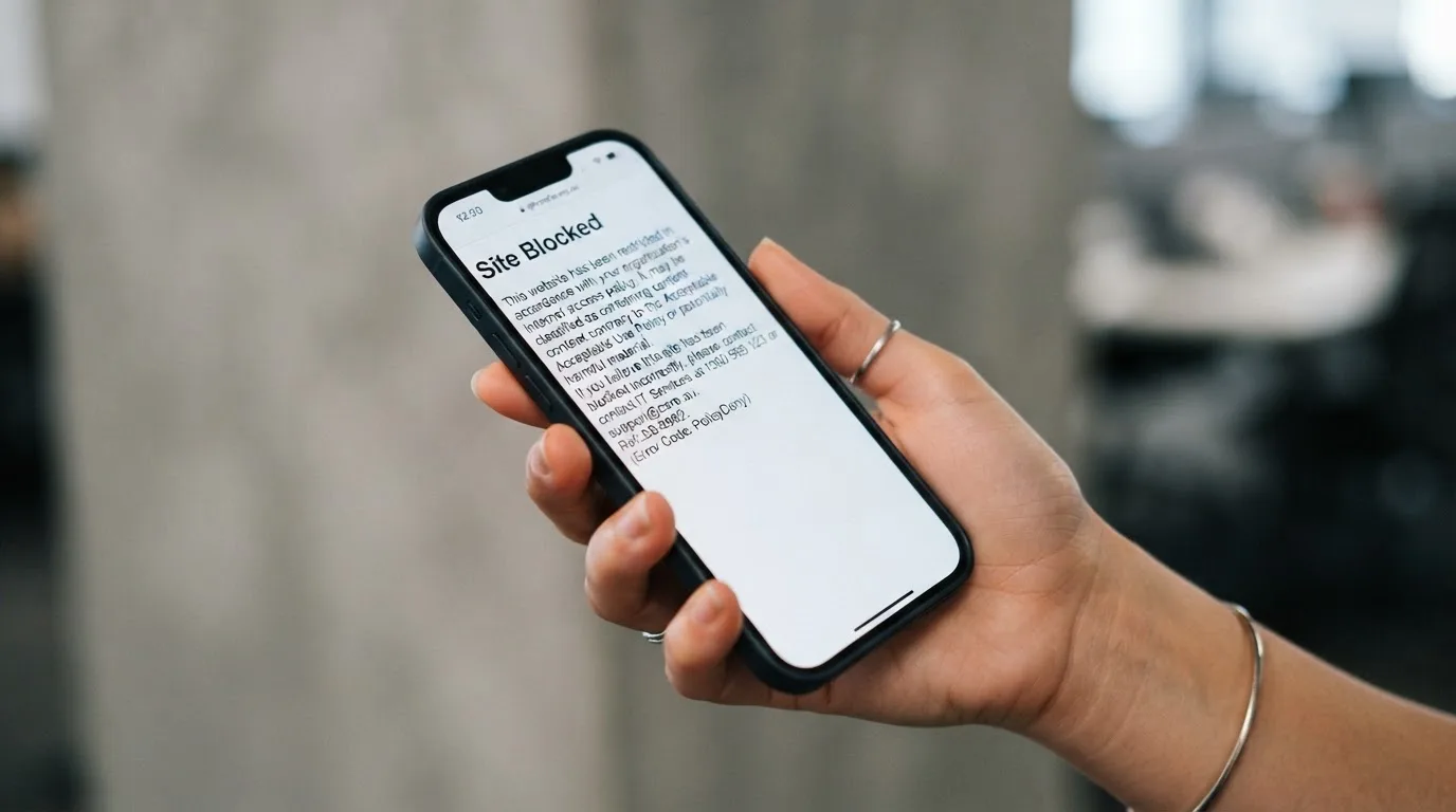 A smartphone screen showing a plain government warning notice about a blocked website, held against a blurred background.