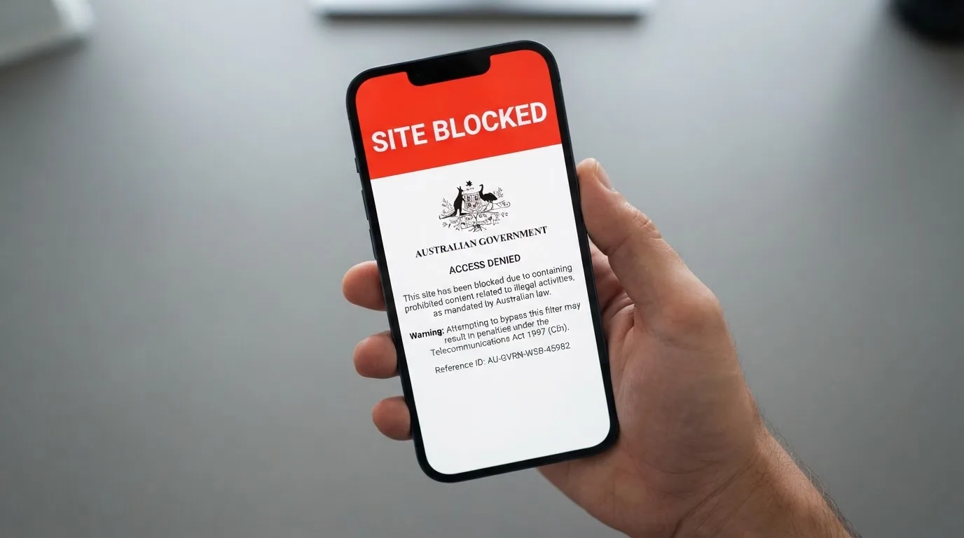A smartphone screen showing a plain government warning notice about a blocked website, held against a blurred background.