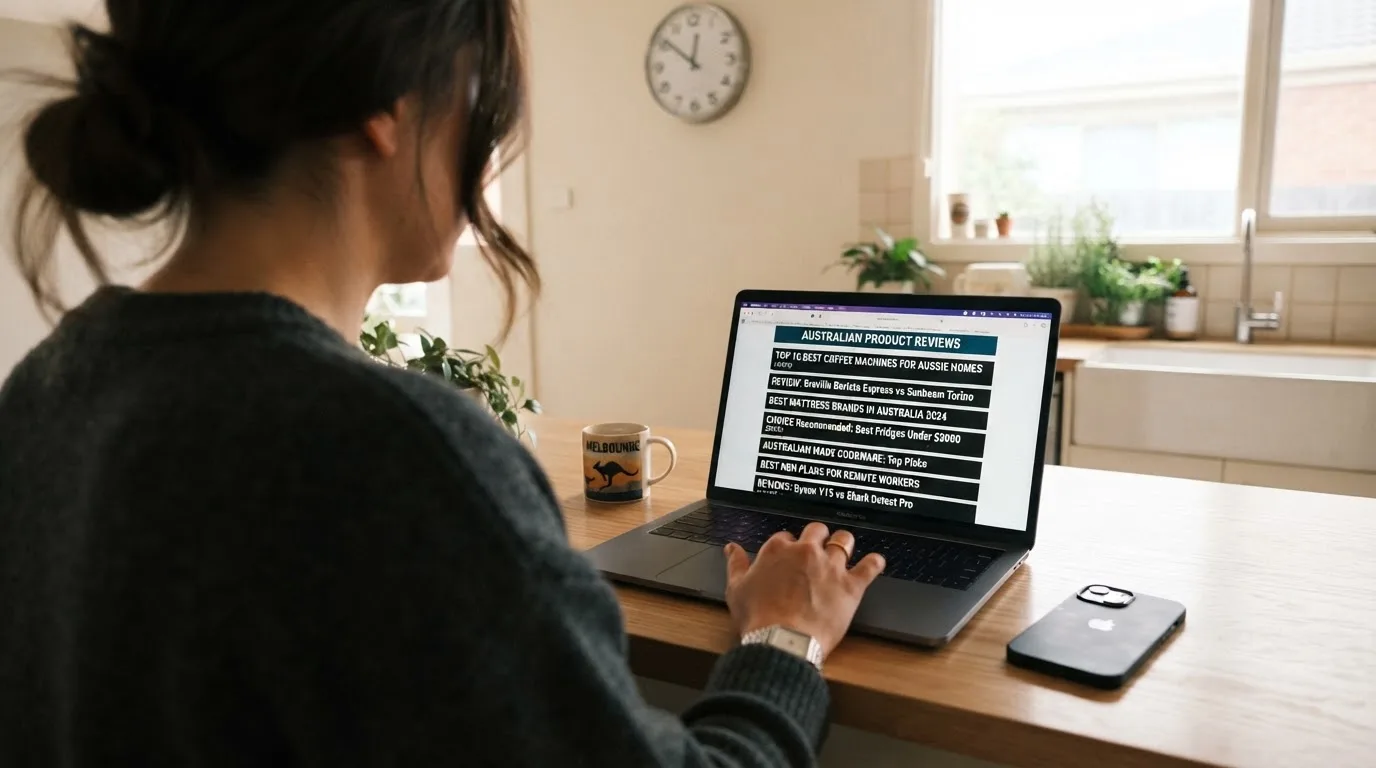 A person at a kitchen table scrolling through review pages on a laptop, phone face-down beside them.