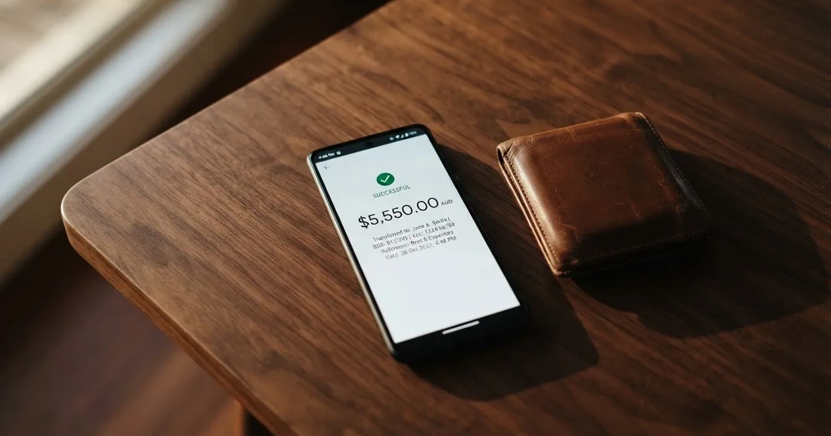A phone screen showing a bank transfer confirmation, held next to a wallet on a table.