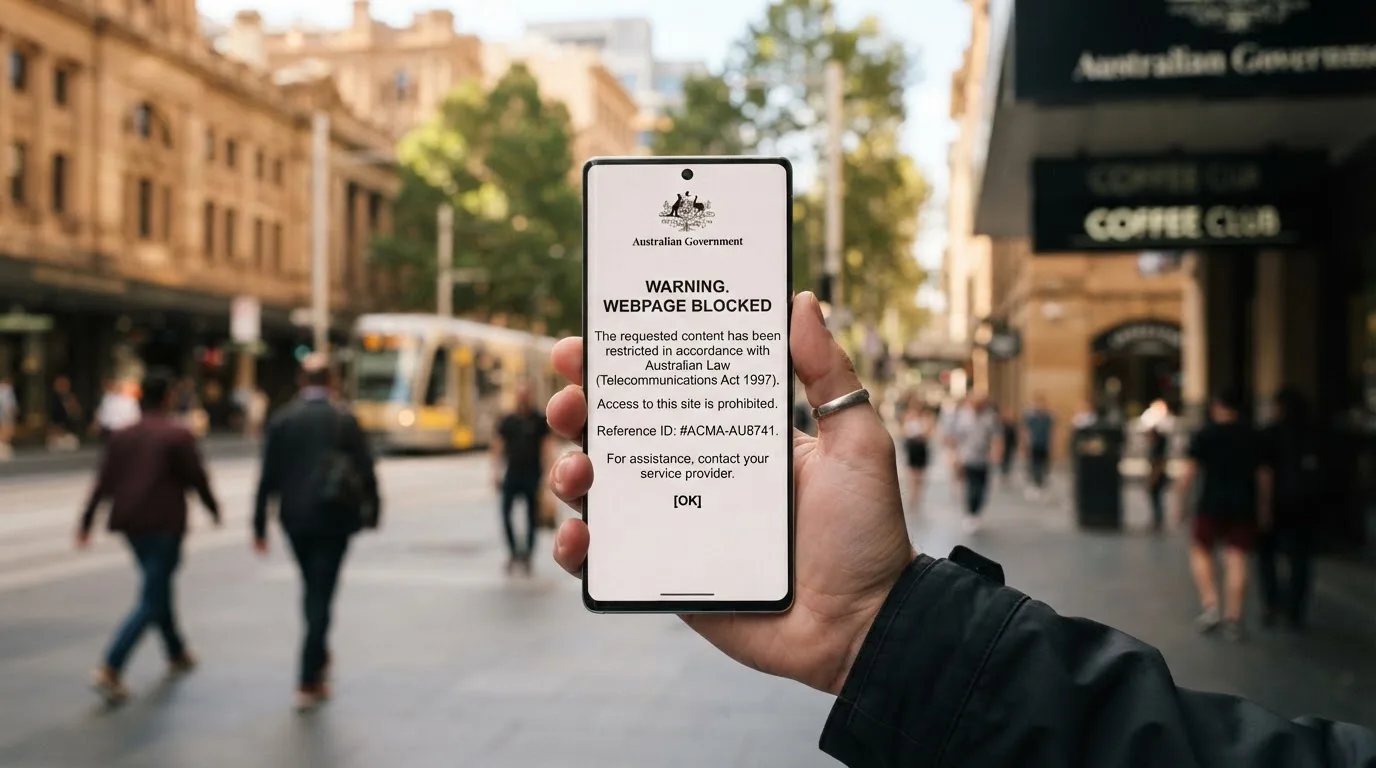 A smartphone screen showing a plain government warning notice about a blocked website, held against a blurred background.