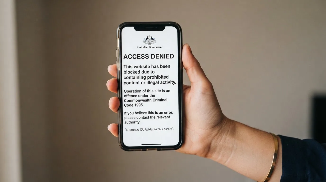 A smartphone screen showing a plain government warning notice about a blocked website, held against a blurred background.