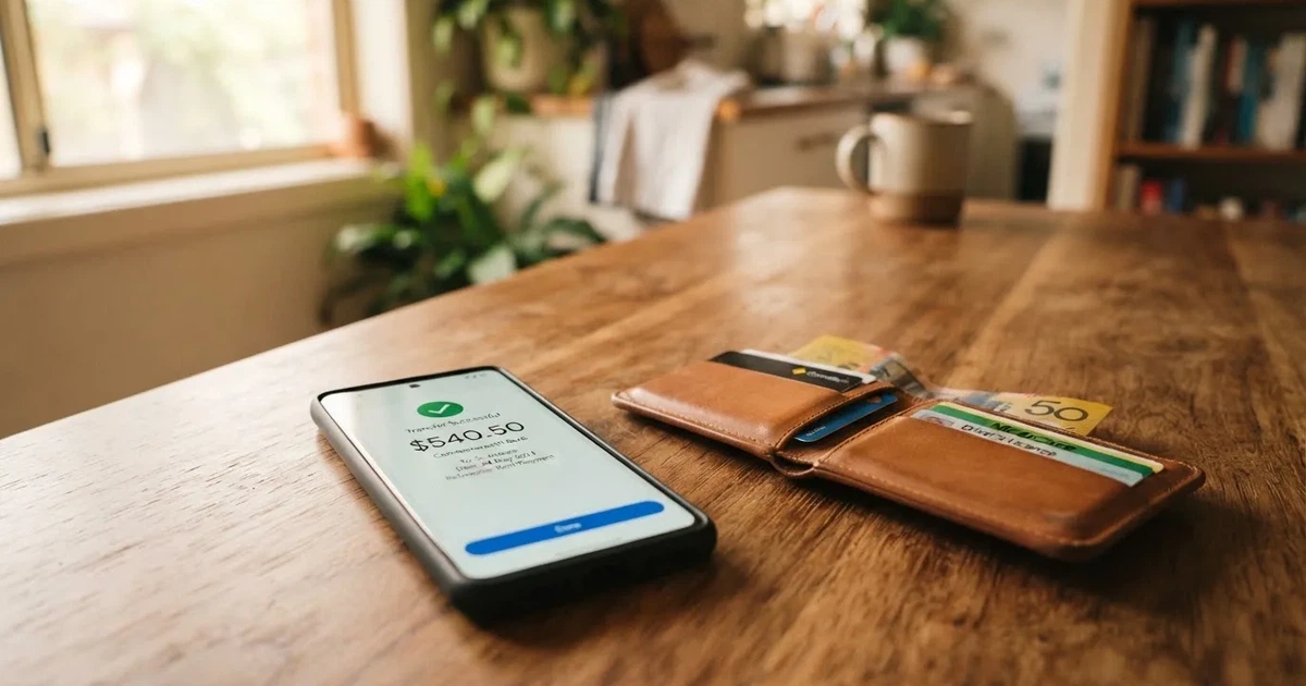 A phone screen showing a bank transfer confirmation, held next to a wallet on a table.