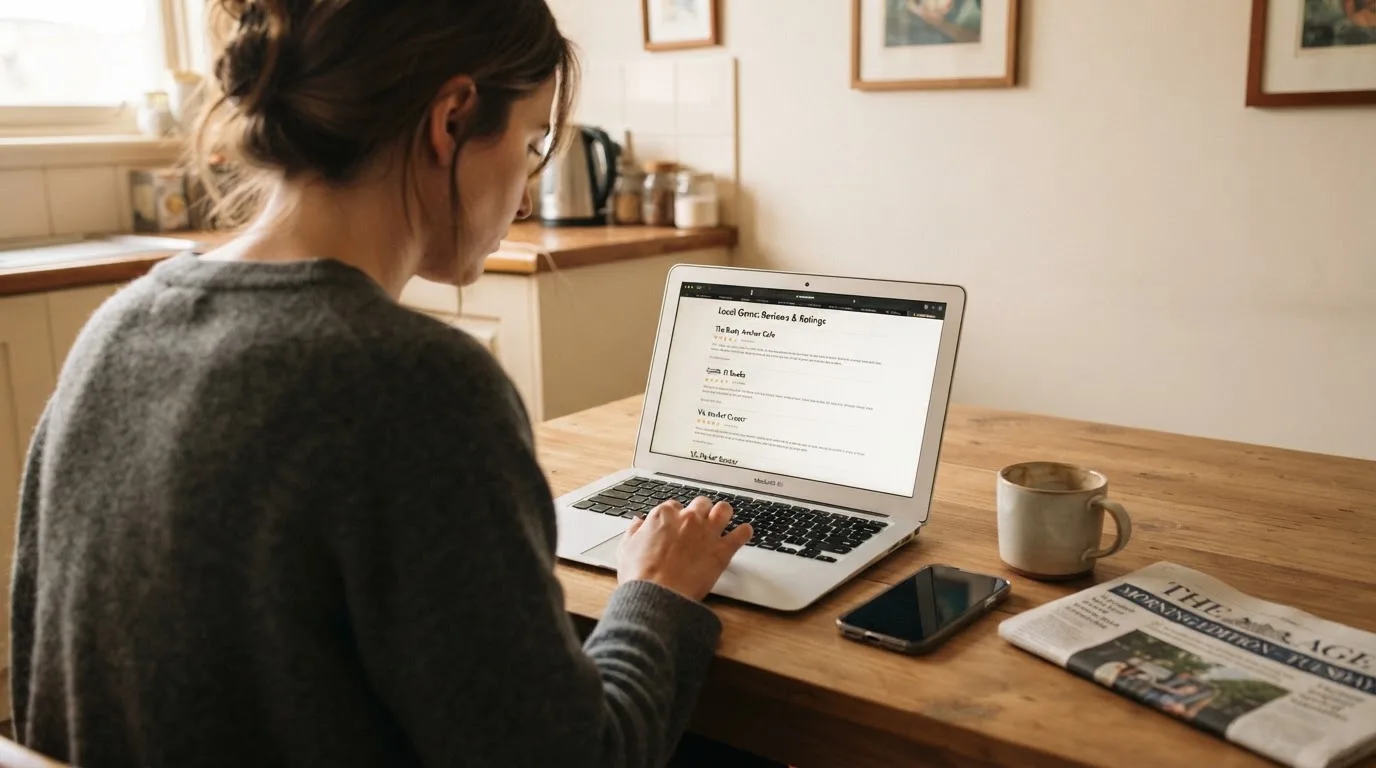 A person at a kitchen table scrolling through review pages on a laptop, phone face-down beside them.