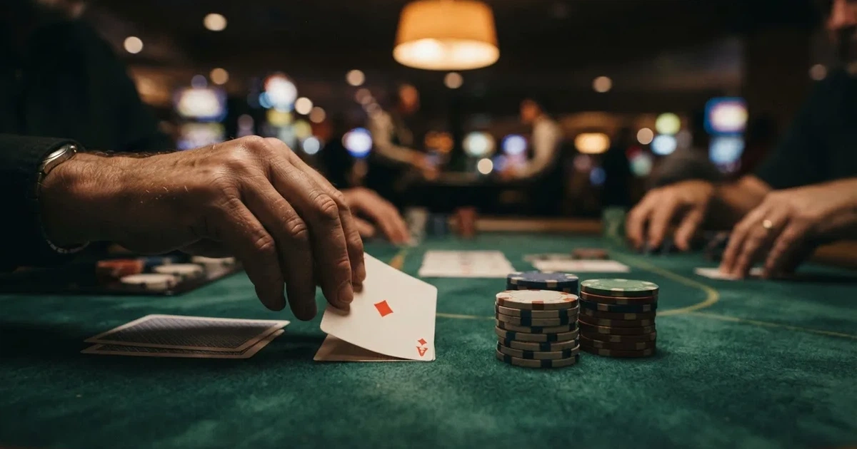 A close-up of a green felt gaming table with cards and chips mid-hand.
