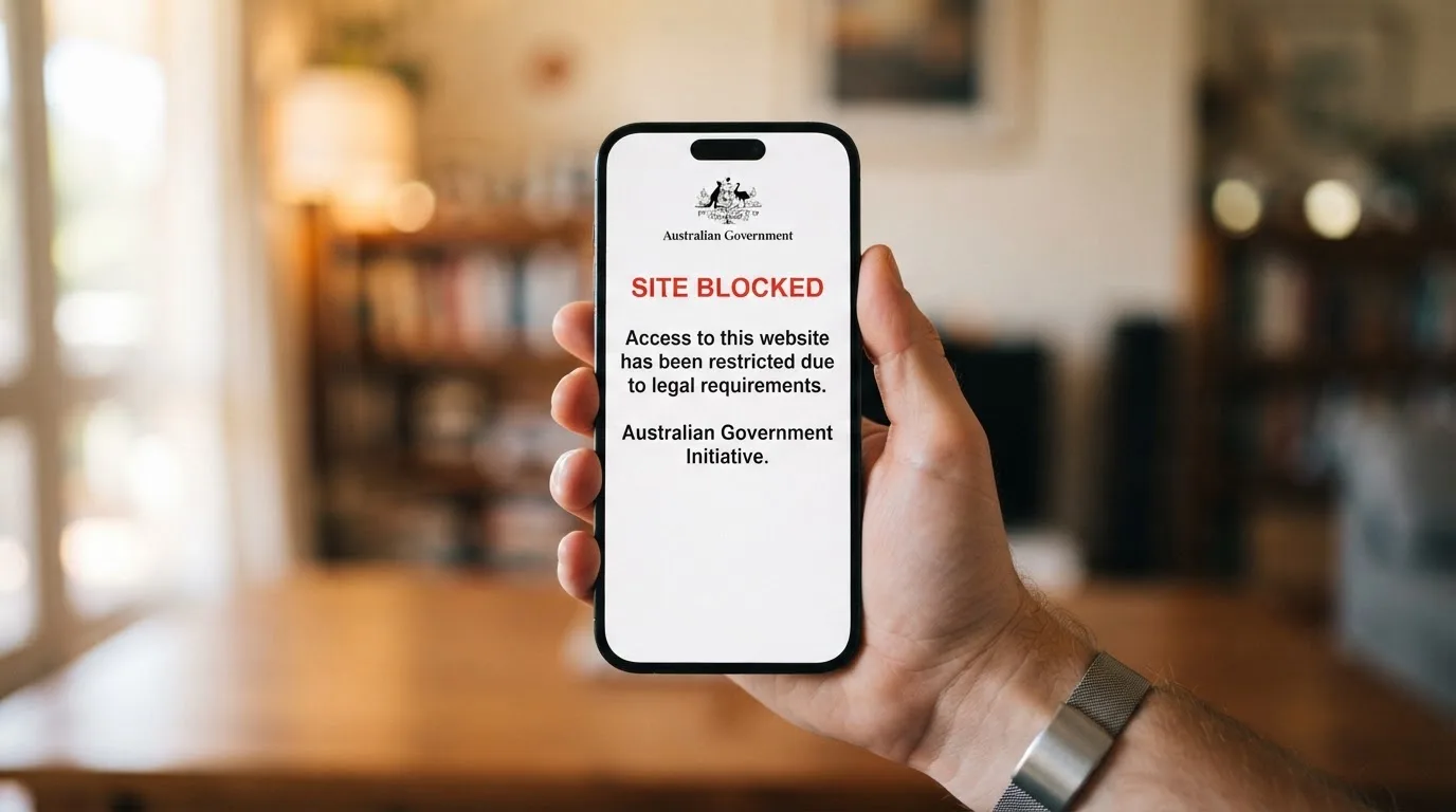 A smartphone screen showing a plain government warning notice about a blocked website, held against a blurred background.