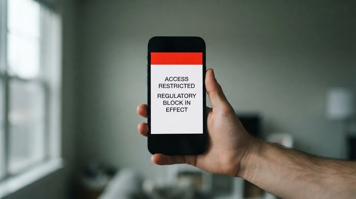 A smartphone screen showing a plain government warning notice about a blocked website, held against a blurred background.