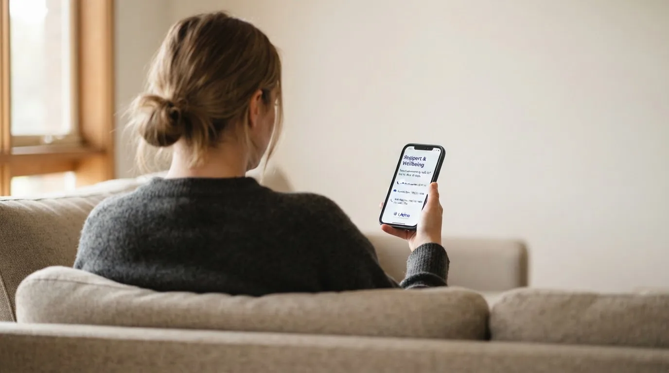 A person sitting calmly with a phone open to a support helpline page, no gaming screen visible.