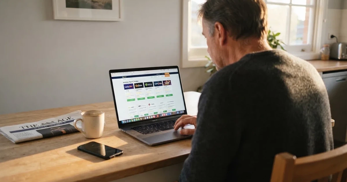 A person at a kitchen table scrolling through review pages on a laptop, phone face-down beside them.