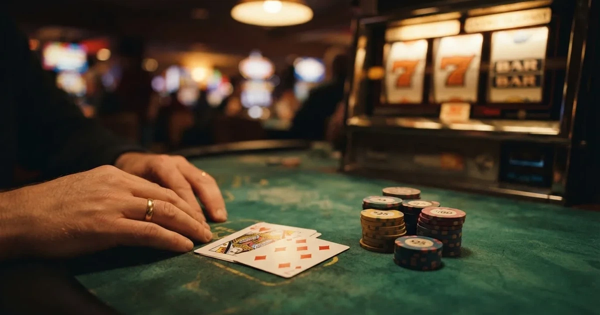 A close-up of a green felt gaming table with cards and chips mid-hand.