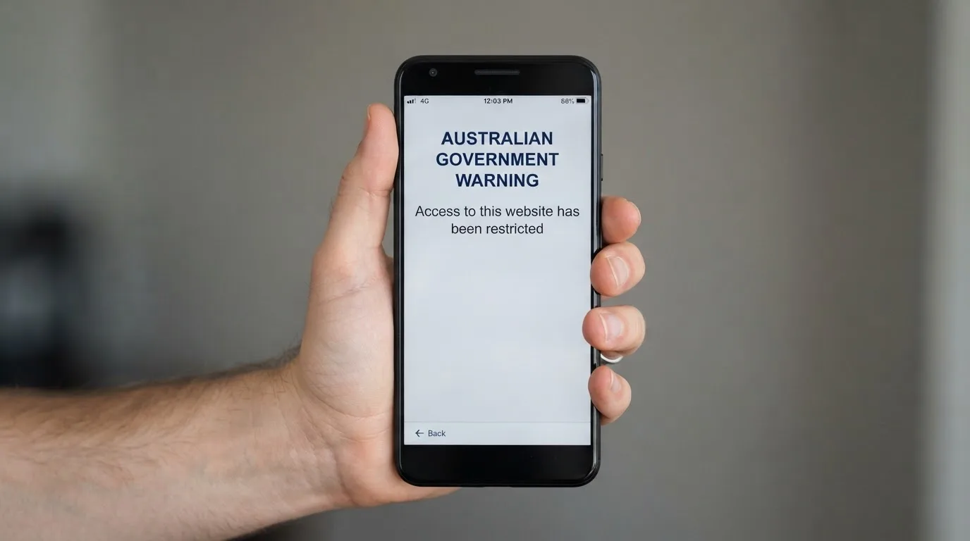 A smartphone screen showing a plain government warning notice about a blocked website, held against a blurred background.