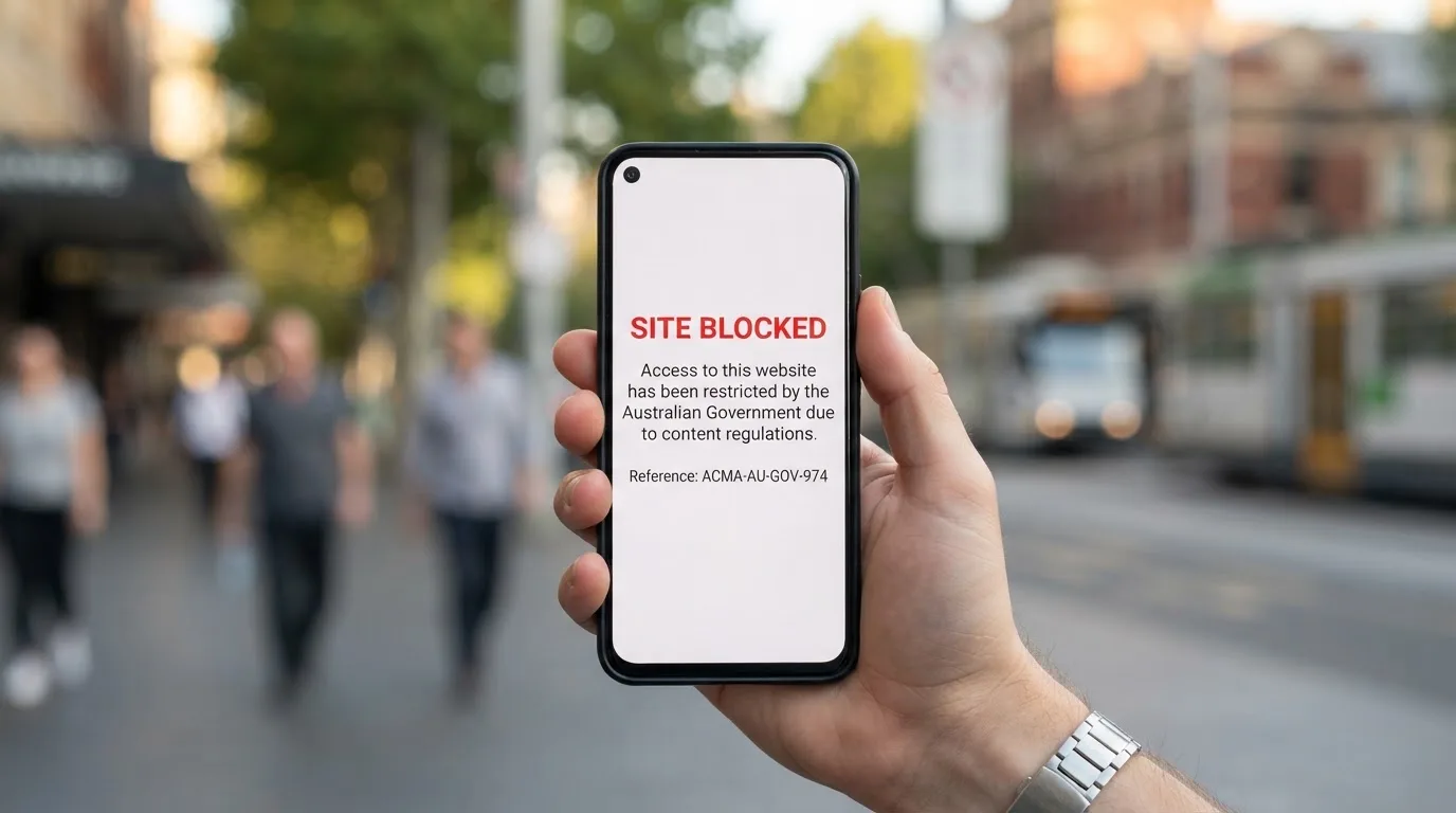 A smartphone screen showing a plain government warning notice about a blocked website, held against a blurred background.