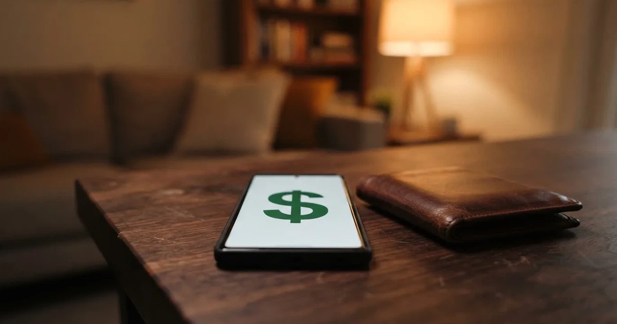 A phone screen showing a bank transfer confirmation, held next to a wallet on a table.