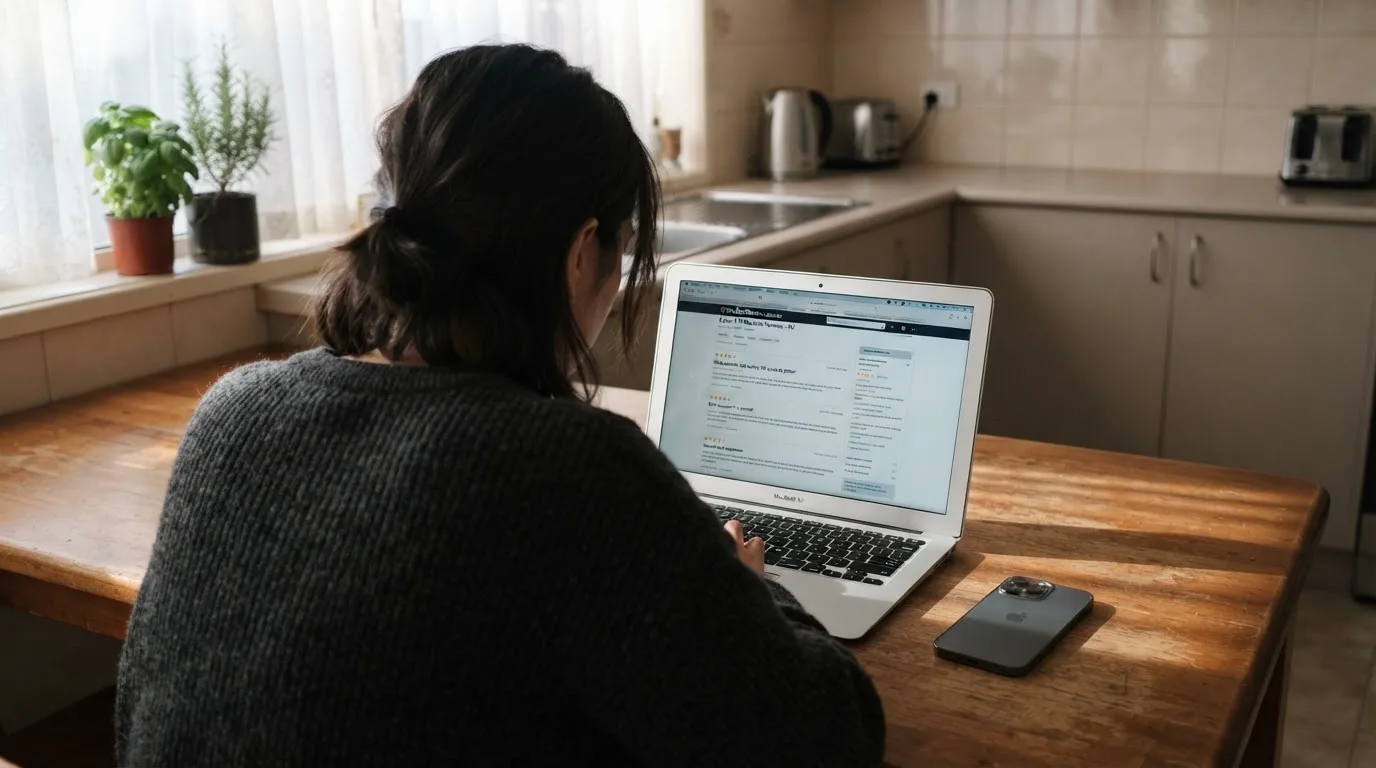 A person at a kitchen table scrolling through review pages on a laptop, phone face-down beside them.