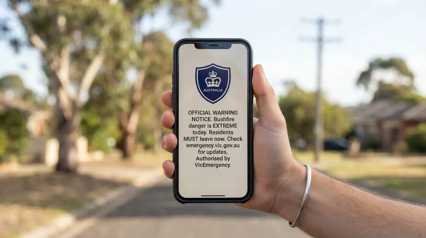 A smartphone screen showing a plain government warning notice about a blocked website, held against a blurred background.
