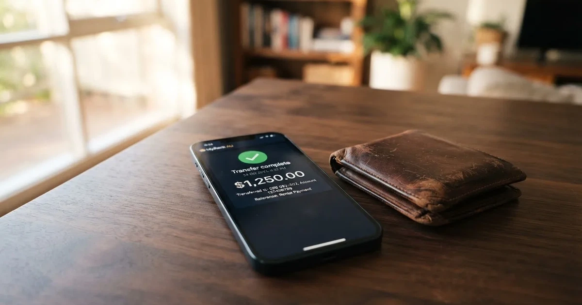 A phone screen showing a bank transfer confirmation, held next to a wallet on a table.