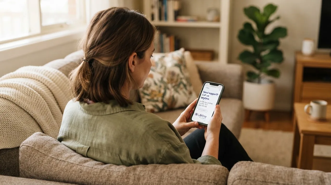 A person sitting calmly with a phone open to a support helpline page, no gaming screen visible.