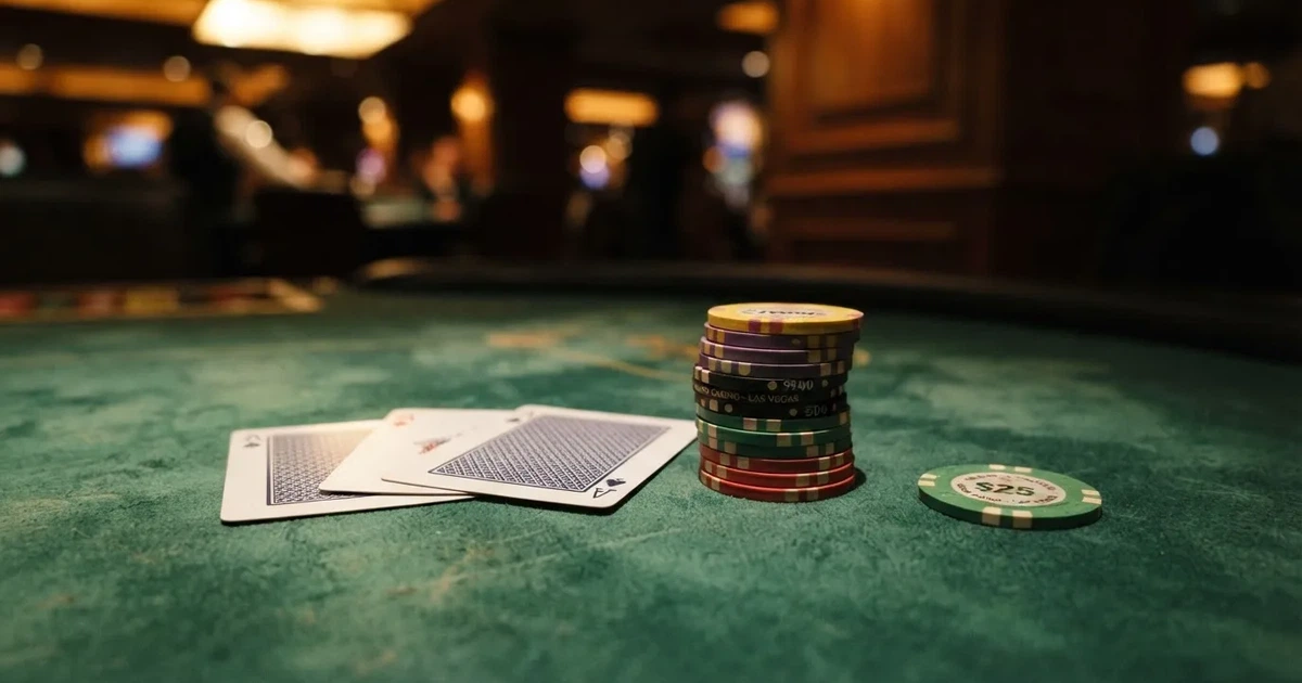 A close-up of a green felt gaming table with cards and chips mid-hand.