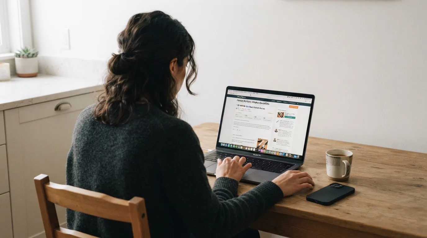 A person at a kitchen table scrolling through review pages on a laptop, phone face-down beside them.