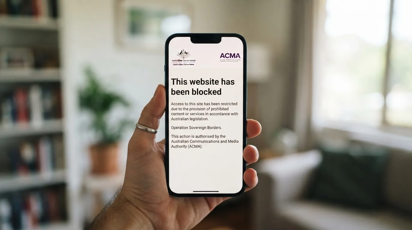 A smartphone screen showing a plain government warning notice about a blocked website, held against a blurred background.
