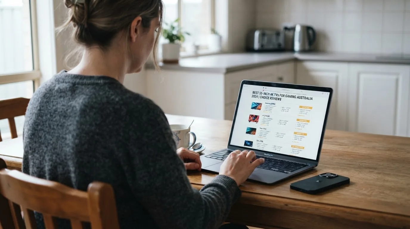 A person at a kitchen table scrolling through review pages on a laptop, phone face-down beside them.